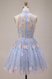 A-Line Blue Halter Neck Ruffled Floral Corset Pearls Short Cocktail Dress
