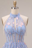 A-Line Blue Halter Neck Ruffled Floral Corset Pearls Short Cocktail Dress