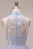A-Line Blue Halter Neck Ruffled Floral Corset Pearls Short Cocktail Dress