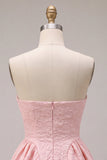 Strapless Pink Jacquard A-Line Ruffled Short Homecoming Dress