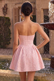 Strapless Pink Jacquard A-Line Ruffled Short Homecoming Dress