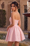 Strapless Pink Jacquard A-Line Ruffled Short Homecoming Dress