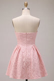 Strapless Pink Jacquard A-Line Ruffled Short Homecoming Dress