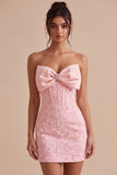 Strapless Pink Jacquard Bodycon Corset Short Homecoming Dress with Bow