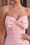 Strapless Pink Jacquard Bodycon Corset Short Homecoming Dress with Bow