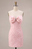 Strapless Pink Jacquard Bodycon Corset Short Homecoming Dress with Bow