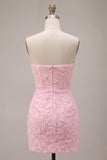 Strapless Pink Jacquard Bodycon Corset Short Homecoming Dress with Bow