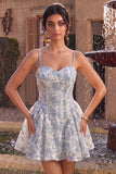 Blue A-Line Floral Embroidery Ruffle Short Cocktail Dress
