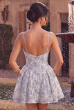 Blue A-Line Floral Embroidery Ruffle Short Cocktail Dress