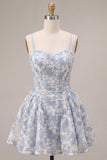Blue A-Line Floral Embroidery Ruffle Short Cocktail Dress
