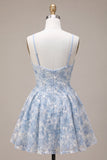 Blue A-Line Floral Embroidery Ruffle Short Cocktail Dress