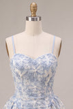 Blue A-Line Floral Embroidery Ruffle Short Cocktail Dress