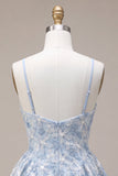 Blue A-Line Floral Embroidery Ruffle Short Cocktail Dress