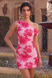 Fuchsia Bodycon One Shoulder Floral Embroidery Short Cocktail Dress
