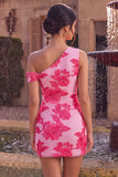 Fuchsia Bodycon One Shoulder Floral Embroidery Short Cocktail Dress