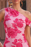 Fuchsia Bodycon One Shoulder Floral Embroidery Short Cocktail Dress