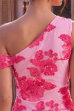 Fuchsia Bodycon One Shoulder Floral Embroidery Short Cocktail Dress