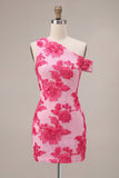 Fuchsia Bodycon One Shoulder Floral Embroidery Short Cocktail Dress