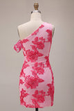 Fuchsia Bodycon One Shoulder Floral Embroidery Short Cocktail Dress