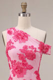 Fuchsia Bodycon One Shoulder Floral Embroidery Short Cocktail Dress