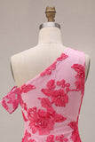 Fuchsia Bodycon One Shoulder Floral Embroidery Short Cocktail Dress