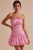 A-Line Pink Strapless Sequins Ruched Bubble Hem Short Cocktail Dress