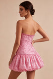 A-Line Pink Strapless Sequins Ruched Bubble Hem Short Cocktail Dress