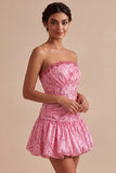 A-Line Pink Strapless Sequins Ruched Bubble Hem Short Cocktail Dress