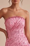 A-Line Pink Strapless Sequins Ruched Bubble Hem Short Cocktail Dress