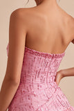 A-Line Pink Strapless Sequins Ruched Bubble Hem Short Cocktail Dress