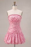 A-Line Pink Strapless Sequins Ruched Bubble Hem Short Cocktail Dress
