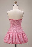 A-Line Pink Strapless Sequins Ruched Bubble Hem Short Cocktail Dress