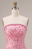 A-Line Pink Strapless Sequins Ruched Bubble Hem Short Cocktail Dress