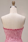 A-Line Pink Strapless Sequins Ruched Bubble Hem Short Cocktail Dress
