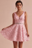 A-Line Pink V-Neck Ruffled Pearls Floral Appliques Short Cocktail Dress