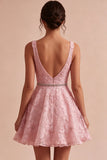 A-Line Pink V-Neck Ruffled Pearls Floral Appliques Short Cocktail Dress