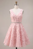 A-Line Pink V-Neck Ruffled Pearls Floral Appliques Short Cocktail Dress