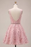 A-Line Pink V-Neck Ruffled Pearls Floral Appliques Short Cocktail Dress