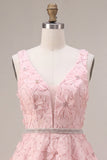 A-Line Pink V-Neck Ruffled Pearls Floral Appliques Short Cocktail Dress