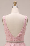 A-Line Pink V-Neck Ruffled Pearls Floral Appliques Short Cocktail Dress