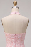 Pink Floral Halter Neck Bodycon Corset Jacquard Short Cocktail Dress