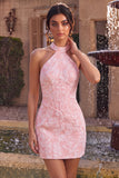 Pink Floral Halter Neck Bodycon Corset Jacquard Short Cocktail Dress