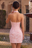 Pink Floral Halter Neck Bodycon Corset Jacquard Short Cocktail Dress