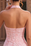 Pink Floral Halter Neck Bodycon Corset Jacquard Short Cocktail Dress