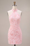 Pink Floral Halter Neck Bodycon Corset Jacquard Short Cocktail Dress