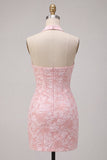 Pink Floral Halter Neck Bodycon Corset Jacquard Short Cocktail Dress
