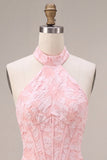 Pink Floral Halter Neck Bodycon Corset Jacquard Short Cocktail Dress