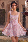 Lilac Square Neck A-Line Pearls Short Cocktail Dress with Floral Embroidery