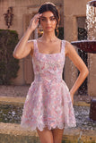 Lilac Square Neck A-Line Pearls Short Cocktail Dress with Floral Embroidery
