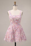 Lilac Square Neck A-Line Pearls Short Cocktail Dress with Floral Embroidery